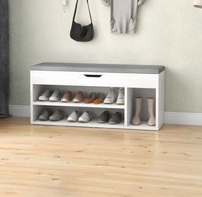 ModernHome Skrinka na topánky so sivým vankúšom a otváracím sedadlom, 3 biele police