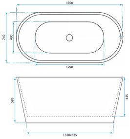 Rea Ofelia, voľne stojaca akrylátová vaňa 1700x740x595 mm, biela lesklá, REA-W0126