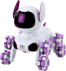 LEAN Toys Robotický pes TOOBY s diaľkovým ovládaním RC, 360°, svetlá, zvuky, bielo-fialový