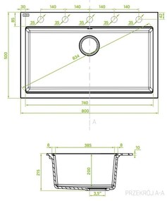 Laveo Tau, 1-komorový granitový drez 800x500x215 mm, biela, LAV-SBT_6108