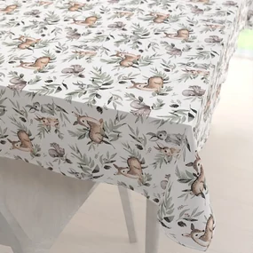 Biante Detský bavlnený obdĺžnikový obrus Sandra SA-455 Srnčekovia zajačikovia a veveričky na bielom 80x120 cm