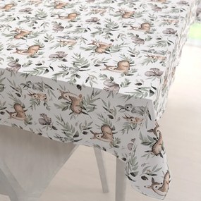 Biante Detský bavlnený obdĺžnikový obrus Sandra SA-455 Srnčekovia zajačikovia a veveričky na bielom 50x100 cm
