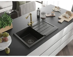 Mexen Bruno, 1-komorový granitový drez s odkvapkávačom 795x495x200 mm a zlatá batéria Duero, čierna-zlatá metalíza, 6513-75-671600-50-B