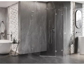 Mexen Lunar, L pravý výklopný päťuholníkový sprchový kút 90 x 100 cm, 8mm číre sklo, chrómový profil, 831L-090P-100L-01-00-P