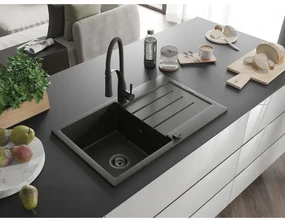 Mexen Bruno, 1-komorový granitový drez 795x495x200 mm a drezová batéria Aster, čierna-zlatá metalíza, 6513-75-73450-70-B