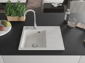 Mexen Ben Granitový drez s 1 komorou a odkvapkávačom, ľavý 600 x 500 mm, biely, sifón chrómový - 6522605000-20