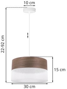 Závesné svietidlo Wood, 1x hnedá orechová dýha/biele PVC tienidlo, (fi 30cm)