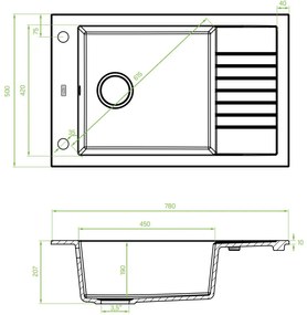 Laveo Pionier, 1-komorový granitový drez 780x500x207 s krátkym odkvapávačom, šedá, LAV-SBR_513T