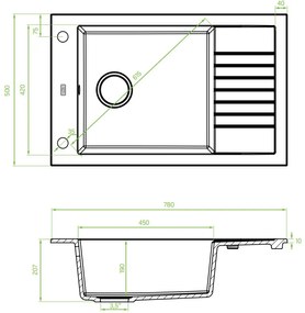 Laveo Pionier, 1-komorový granitový drez 780x500x207 s krátkym odkvapávačom, šedá, LAV-SBR_513T