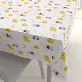 Biante Detský bavlnený obdĺžnikový obrus Sandra SA-649 Slony a levy na bielom 50x100 cm