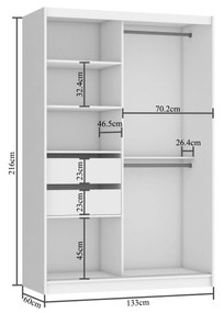 Šatníková skriňa 133 cm Belini biely mat / biely lesk s posunými dverami zrkadlom a zásuvkami  MGB SZP6/1/W/1L5W/KLAL