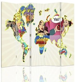 Ozdobný paraván Mapa světa pop-artu - 180x170 cm, päťdielny, klasický paraván