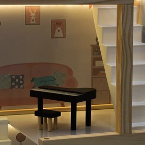 KIK Trojposchodový drevený domček pre bábiky 78 cm, ružový s LED osvetlením a nábytkom