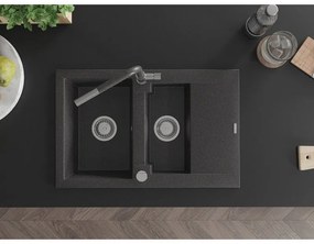 Mexen Gaspar, 1,5-komorový granitový drez 737x475x177 mm a drezová batéria Flora, čierna škvrnitá, 6507-76-670401-08
