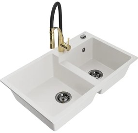Mexen Tomas, 2-komorový granitový drez 800x500x190 mm a drezová batéria Aster, biela, 6516-20-73450-57-B
