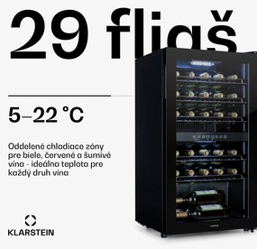 Klarstein Shiraz 29 Duo, vinotéka, 80 l, 29 fliaš, 2 zóny, 5–22°C, dotykové ovládanie, čierna