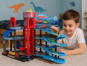LEAN Toys Parkovisko s autíčkami, 4-poschodová dráha, 8 kovových vozidiel, nálepky