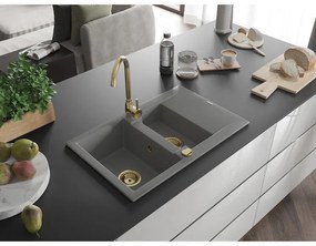Mexen Gaspar, granitový drez 737x475x177 mm, 1,5-komorový, šedá so zlatým sifónom, 6507731505-71-G