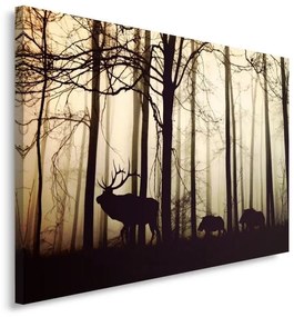 Obraz na plátně, Jelen v lese Fog Brown - 120x80 cm