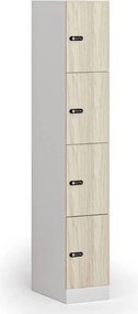 Šatníková skrinka S1 s úložnými boxmi, 4 boxy, 1850 x 300 x 500 mm, mechanický kódový zámok, laminované dvere, dub prírodný