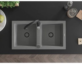 Mexen Mario, 2-komorový granitový drez 820x436x161 mm a drezová batéria Savita, šedá, 6504-71-672601-70-B