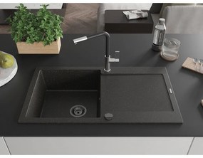 Mexen Leo, 1-komorový granitový drez 900x500x190 mm a drezová batéria Flora, čierna-zlatá metalíza, 6501-75-670401-07-B