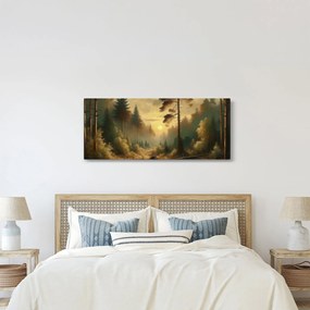 Obraz - Slnko žiariace lesom (120x50 cm)