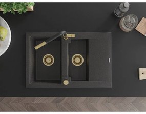 Mexen Gaspar, 1,5-komorový granitový drez 737x475x177 mm a drezová batéria Flora, čierna škvrnitá, 6507-76-670401-57-G