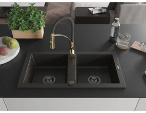 Mexen Mario, granitový drez 820x436x161 mm, 2-komorový a drezová batéria Aster, čierna-zlatá metalíza, 6504-75-73450-57-B