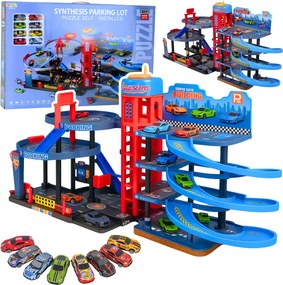 LEAN Toys Parkovisko s autíčkami, 4-poschodová dráha, 8 kovových vozidiel, nálepky