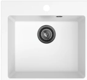 Sink Quality Ferrum 50, kuchynský granitový drez 490x450x195 mm + čierny sifón, biela, SKQ-FER.W.1K50.XB