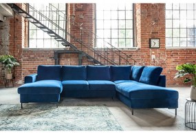 Námorníckymodrá zamatová rozkladacia pohovka do "U" Miuform Lofty Lilly, pravý roh