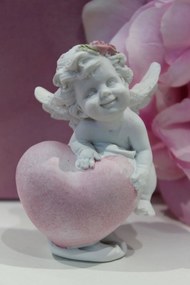 Biela soška anjela s ružovým srdcom 7cm