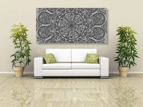 Obraz Mandala s abstraktným prírodným vzorom v čiernobielom prevedení - 100x50