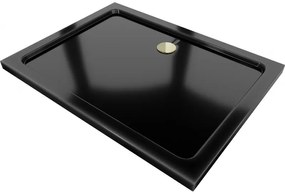Mexen Flat, akrylátová sprchová vanička 110x90x5 cm SLIM, čierna, zlatý sifón, 40709011G