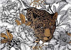 Sklenený obraz - Leopard medzi kvetmi (70x50 cm)
