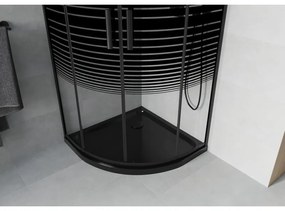 Mexen Rio, štvrťkruhový sprchovací kút s posuvnými dverami 90(dvere) x 90(dvere) x 190 cm, 6mm číre sklo s pásikmi, čierny profil + čierna sprchová vanička Slim, 863-090-090-70-20-4170B