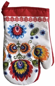 Kuchynská rukavica FOLK II, červeno-biela s ornamentami - sada 2ks