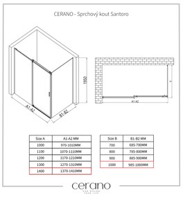 Cerano Santoro, sprchový kút s posuvnými dverami 140(dvere) x 100(stena) x 195 cm, 6mm číre sklo, čierny profil, CER-CER-431527