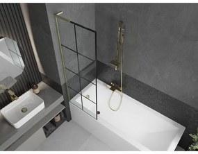 Mexen Next L, 1-krídlová vaňová zástena 60 x 150 cm, 6mm číre sklo-čierny vzor, zlatý matný profil, 895-060-000-03-77-55