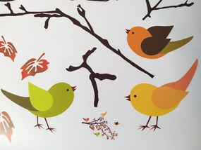Vetva s vtáčikmi textilní prelepiteľná nálepka na stenu list 45 x 33 cm