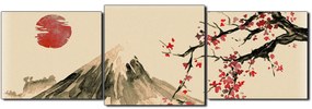 Obraz na plátne - Tradičné sumi-e obraz: sakura, slnko a hory - panoráma 5271FD (90x30 cm)