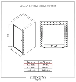 Cerano Ferri, 1-krídlové sprchové dvere 80x195 cm, 6mm číre sklo, čierny profil, CER-CER-425632
