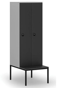 Drevená šatníková skrinka s lavičkou, 2 oddiely, 1871 x 600 x 500/800 mm, RFID zámok, sivá/grafit