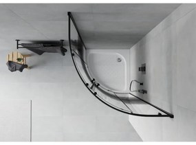 Mexen Rio, štvrťkruhový sprchovací kút s posuvnými dverami 70(dvere) x 70(dvere) x 190 cm, 6mm číre sklo s pásikmi, čierny profil + biela sprchová vanička RIO, 863-070-070-70-20-4710