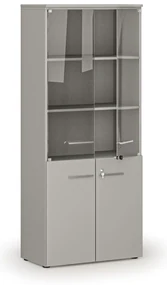 Kombinovaná kancelárska skriňa s drevenými a sklenenými dverami PRIMO GRAY, 800 x 420 x 1781 mm, sivá