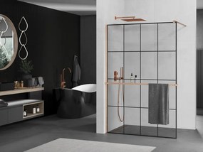 Mexen Kioto+, sprchová zástena Walk-In s poličkou a vešiakom 130 x 200 cm, 8mm číre sklo čierny vzor, medený matný profil, 800-130-121-65-77