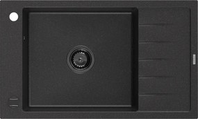 Mexen Elias, granitový drez granitový 795x480x200 mm, 1-komorový, čierna-strieborná metalíza s čiernym sifónom, 6511791005-73-B