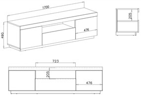 TV STOLÍK LUNGO DUB WOTAN BIELA NA NOŽIČKÁCH 170 cm