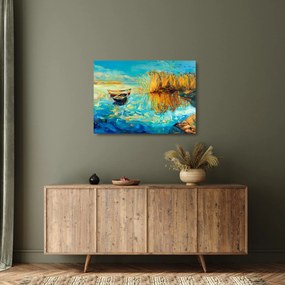 Sklenený obraz - Jazero s loďkami (70x50 cm)